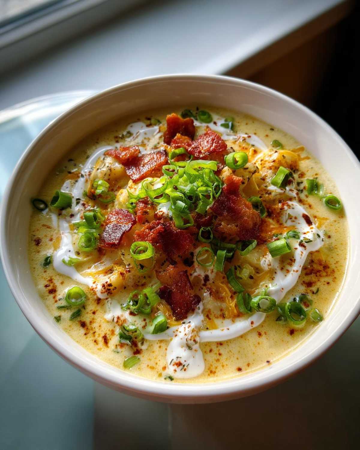 A close-up of creamy loaded baked potato soup topped generously with bacon, sour cream, cheese, and green onions.