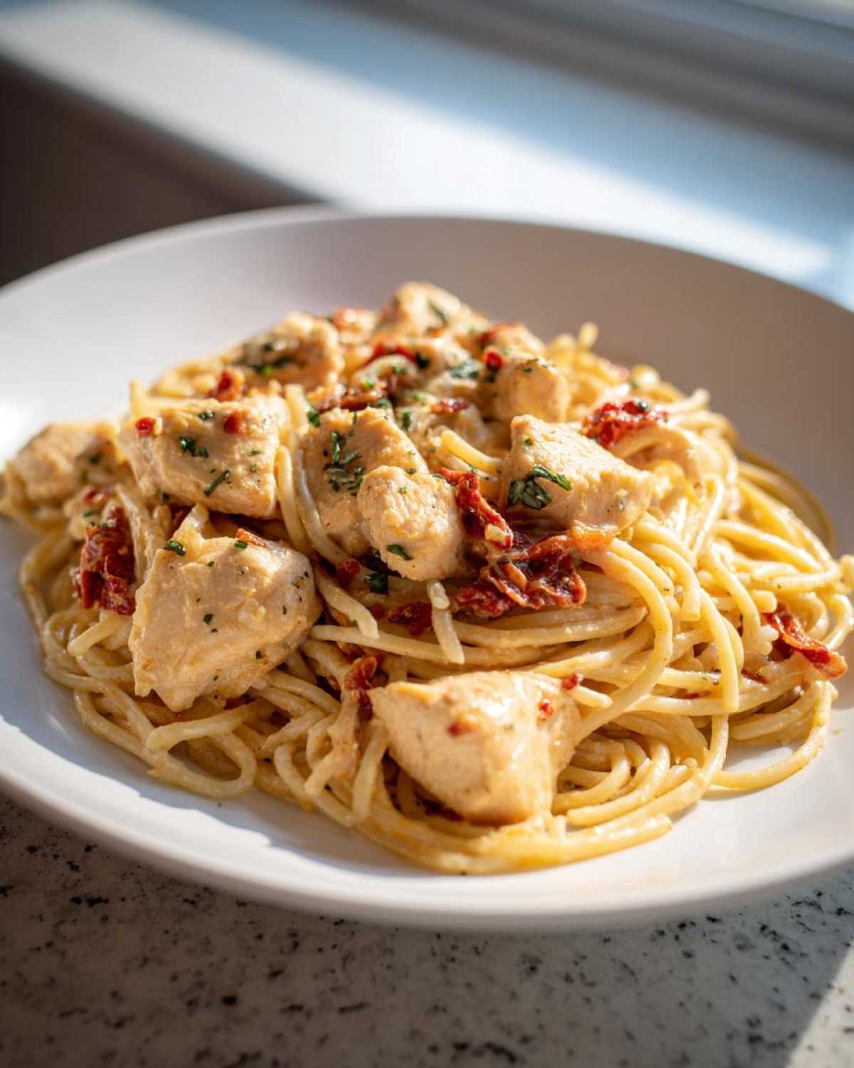 A close-up of creamy marry me chicken pasta featuring chunks of chicken and sun-dried tomatoes on spaghetti.