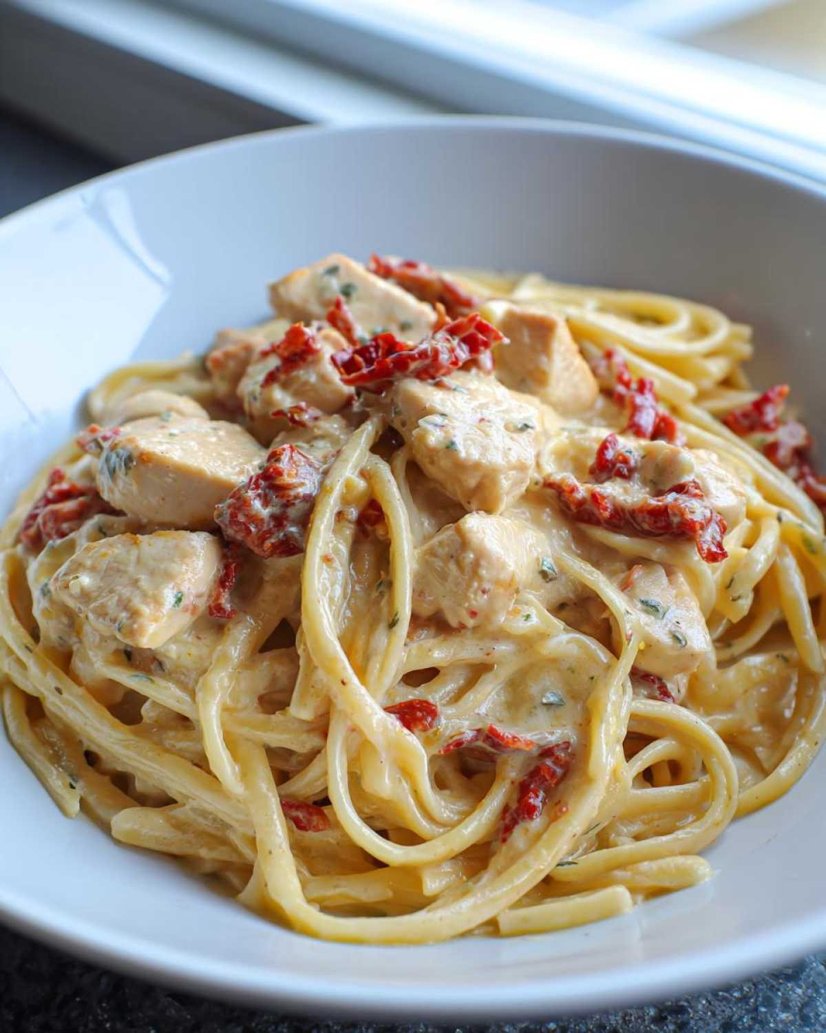 Close-up of a bowl of creamy marry me chicken pasta featuring linguine, diced chicken, and sun-dried tomatoes.