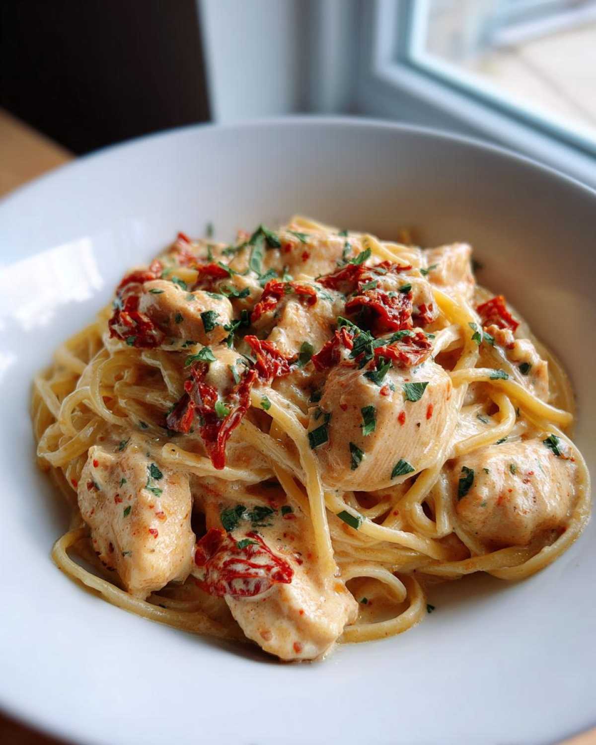 A close-up of creamy Marry Me Chicken Pasta featuring tender chicken pieces, sun-dried tomatoes, and fresh parsley.