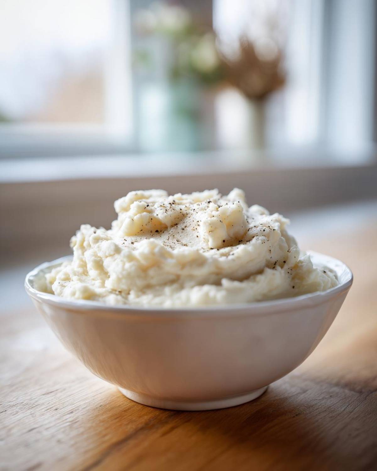 A white bowl filled with creamy, fluffy mashed potatoes topped with freshly ground black pepper.