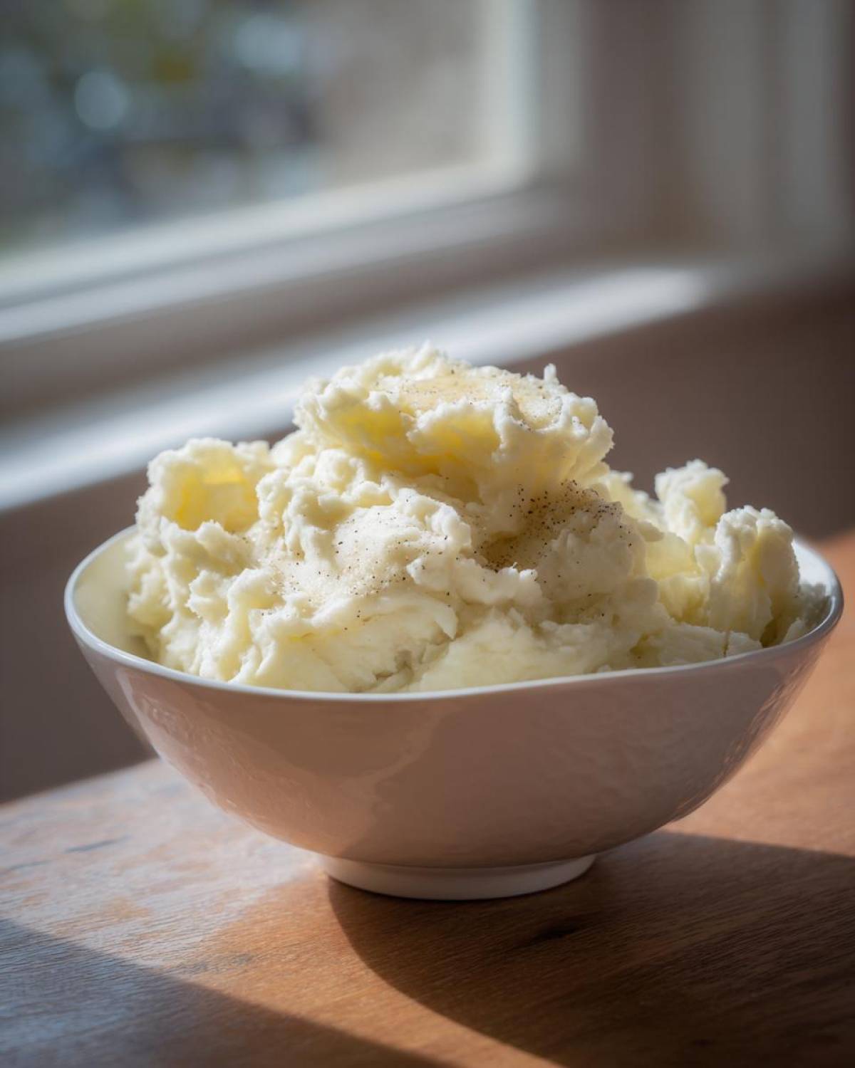 A white bowl filled with fluffy, creamy mashed potatoes topped with freshly ground black pepper.