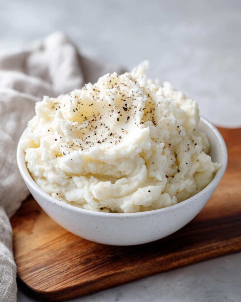 A close-up of a white bowl filled with fluffy, creamy mashed potatoes, topped generously with cracked black pepper.