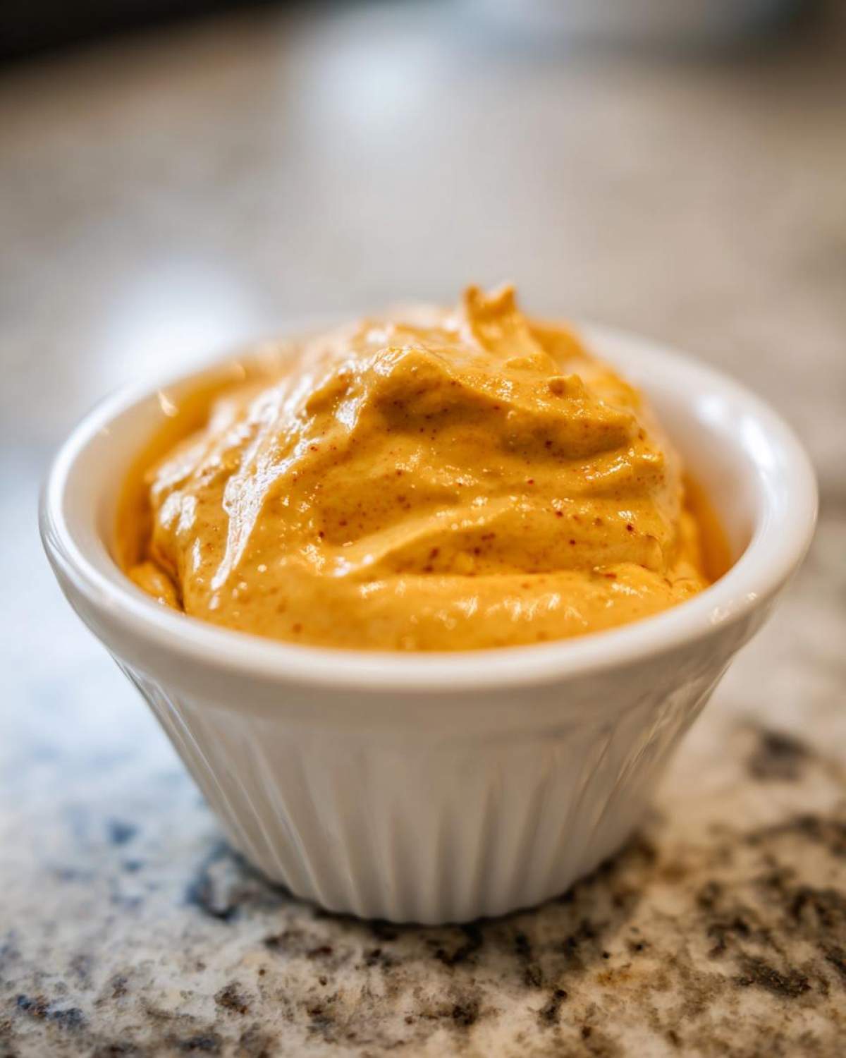 Close-up of a small white ramekin filled with thick, orange beer cheese dip, showing specks of seasoning.