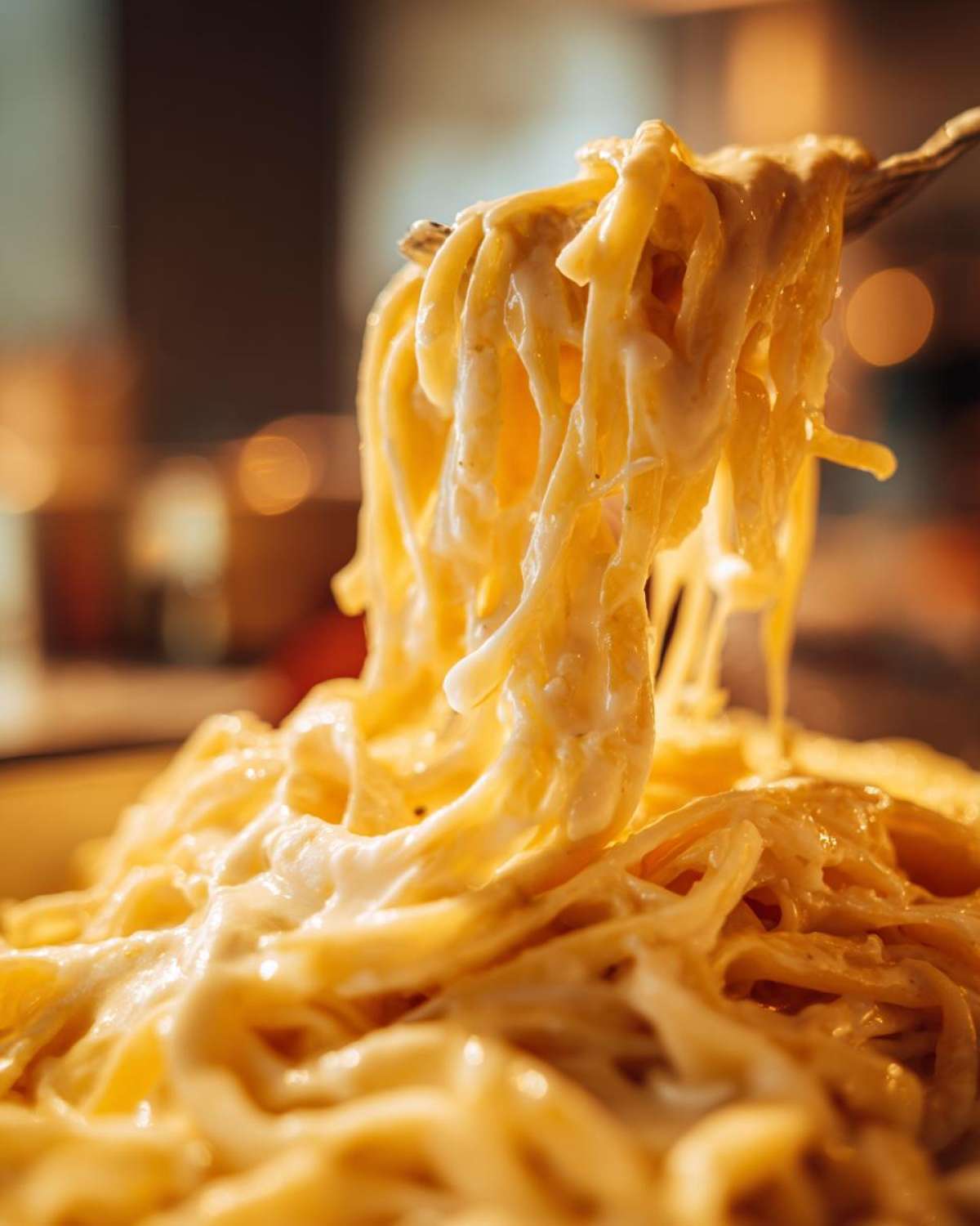 Close-up of fettuccine pasta being lifted by a fork, heavily coated in rich, creamy Olive Garden Alfredo sauce.
