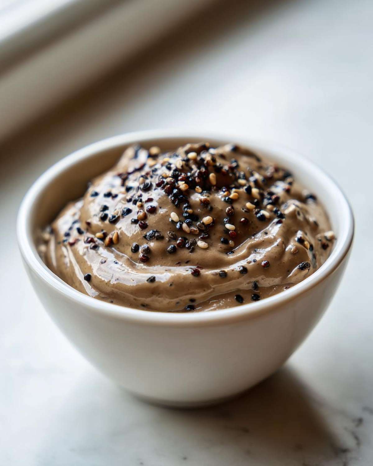 Close-up of creamy peppercorn sauce in a white bowl, topped generously with mixed black and white peppercorns.