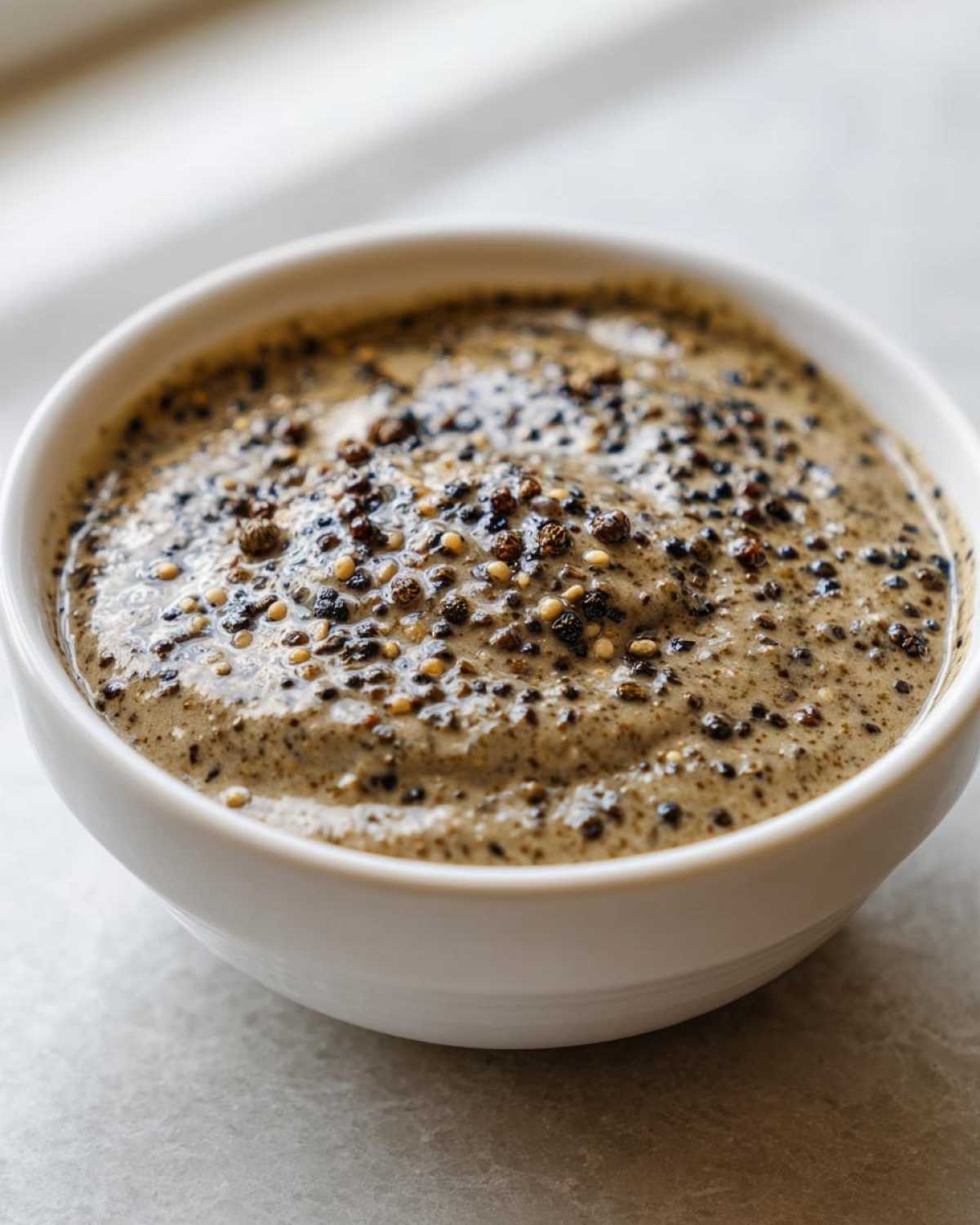 Close-up of a creamy peppercorn sauce in a white bowl, heavily topped with whole black and white peppercorns.