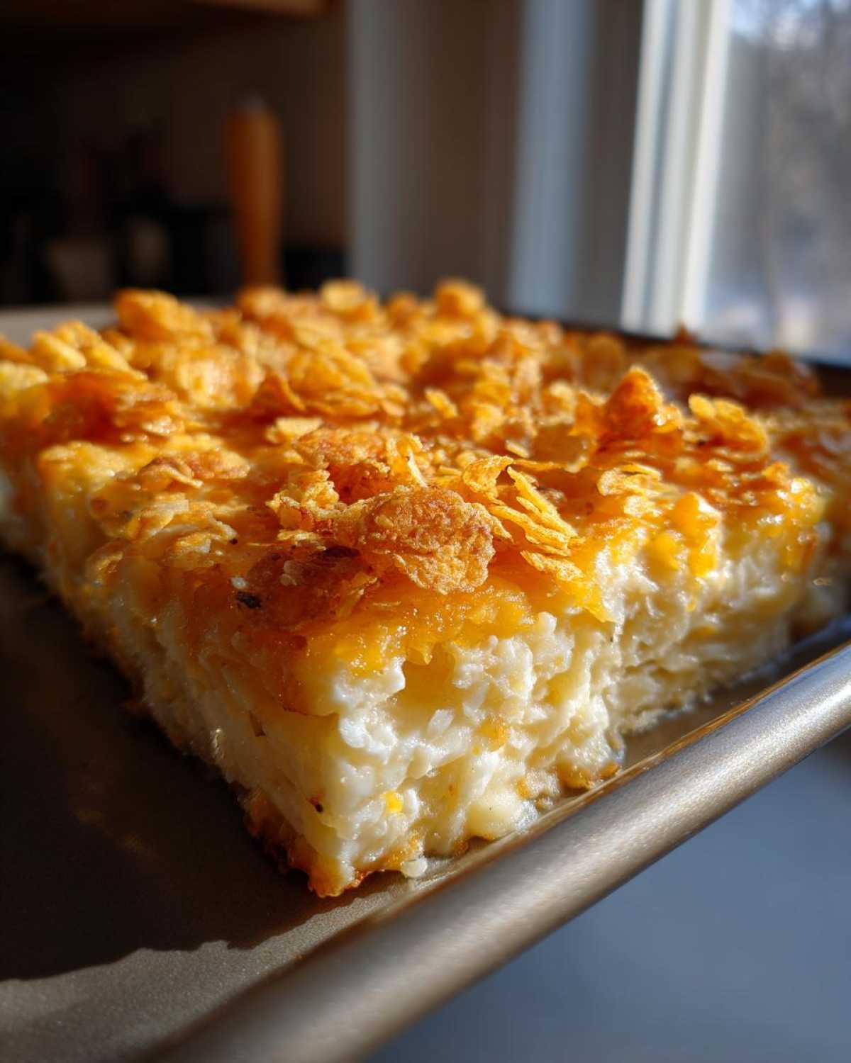 Close-up of a creamy, baked potato casserole slice topped with melted cheese and crunchy corn flakes.