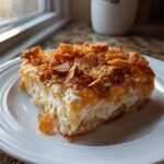 A square serving of creamy potato casserole topped with melted cheese and crunchy cornflakes, served on a white plate.