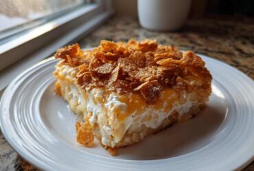 A square serving of creamy potato casserole topped with melted cheese and crunchy cornflakes, served on a white plate.