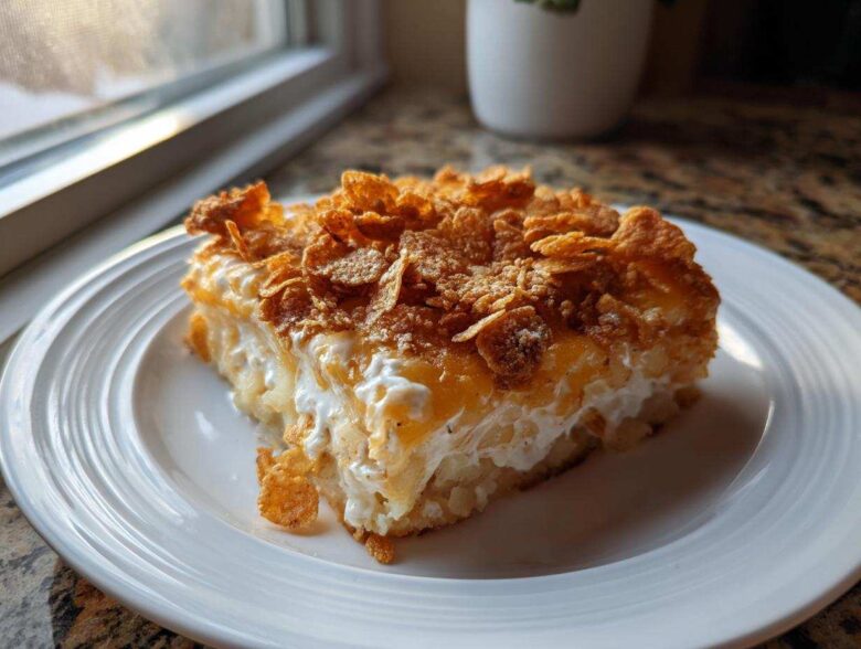 A square serving of creamy potato casserole topped with melted cheese and crunchy cornflakes, served on a white plate.