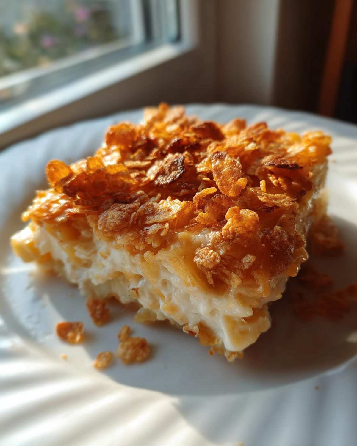 A close-up of a square slice of creamy potato casserole topped with golden, crunchy cornflakes, served on a white plate.