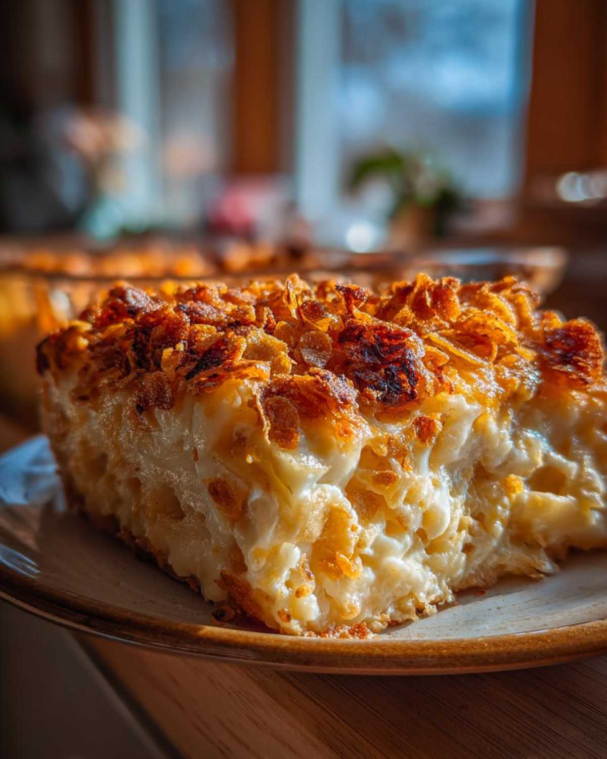 A close-up of a creamy slice of potato casserole topped with golden, crispy fried onions or flakes.