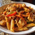 A close-up shot of creamy Rasta Pasta featuring penne, seasoned chicken chunks, and colorful bell peppers.