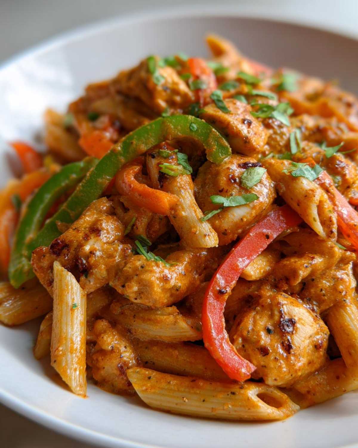 Close-up of creamy Rasta pasta featuring penne, seasoned chicken chunks, and vibrant slices of red and green bell peppers.