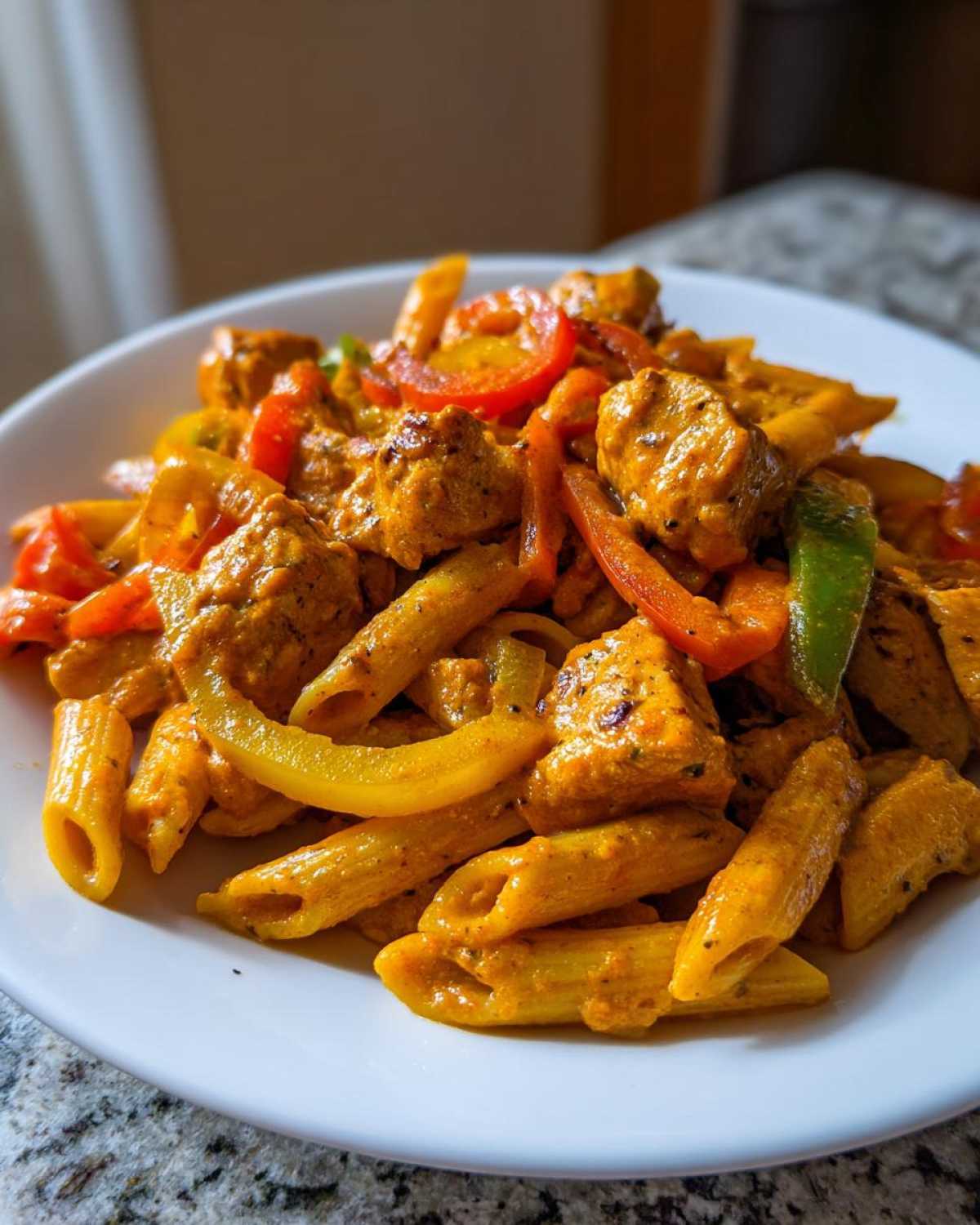A close-up of a white bowl filled with vibrant Rasta Pasta, featuring penne, chicken pieces, and sliced red and yellow bell peppers in a creamy orange sauce.