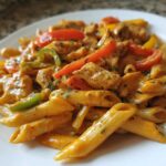Close-up of creamy Rasta Pasta featuring penne, chicken pieces, and colorful bell peppers on a white plate.