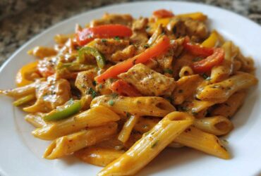 Close-up of creamy Rasta Pasta featuring penne, chicken pieces, and colorful bell peppers on a white plate.