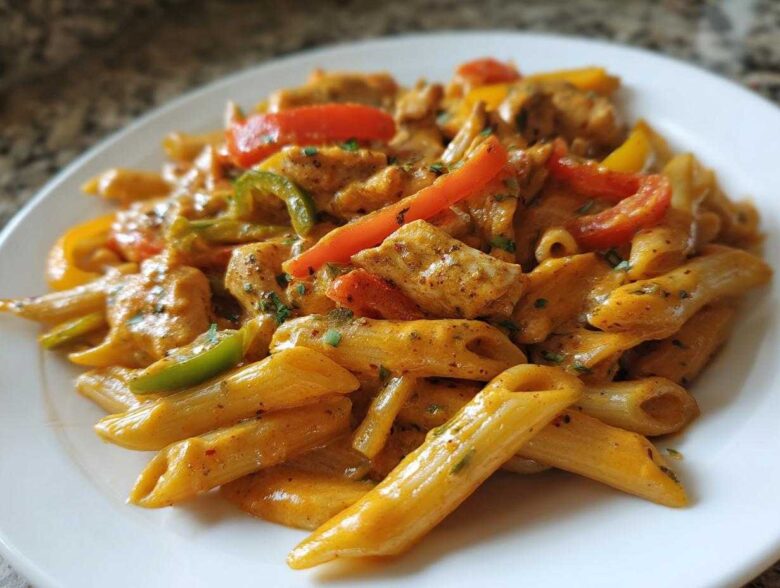 Close-up of creamy Rasta Pasta featuring penne, chicken pieces, and colorful bell peppers on a white plate.