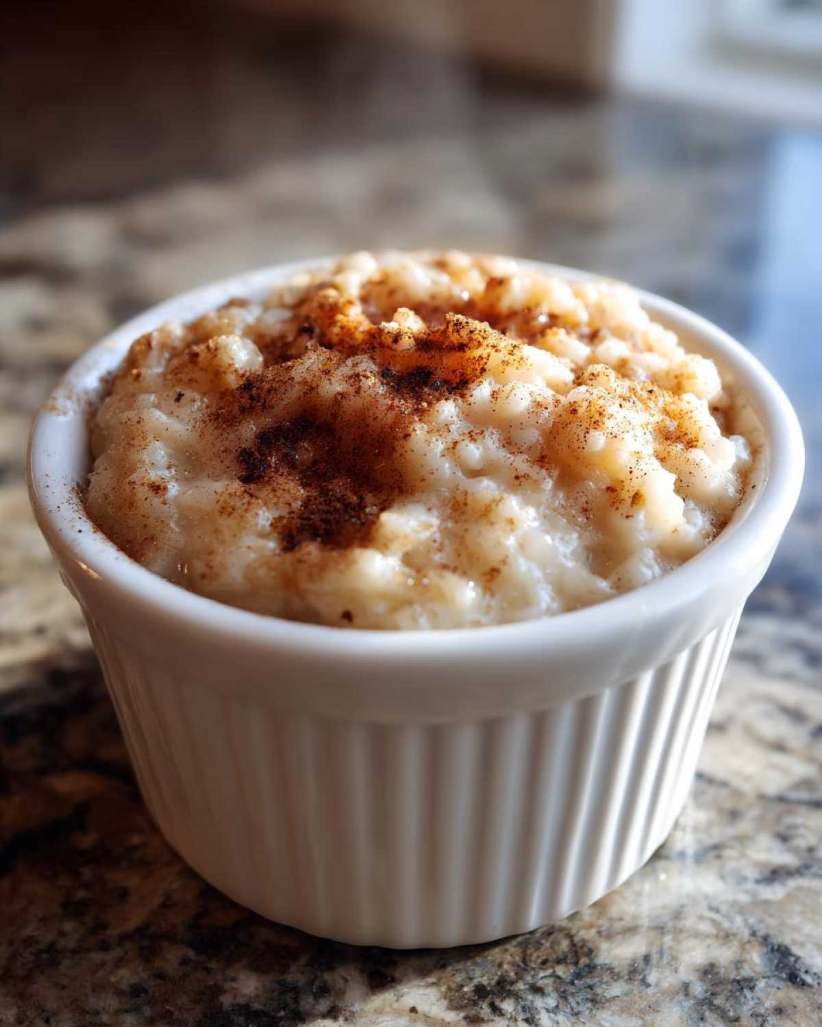 Close-up of creamy rice pudding topped generously with ground cinnamon served in a white fluted ramekin.