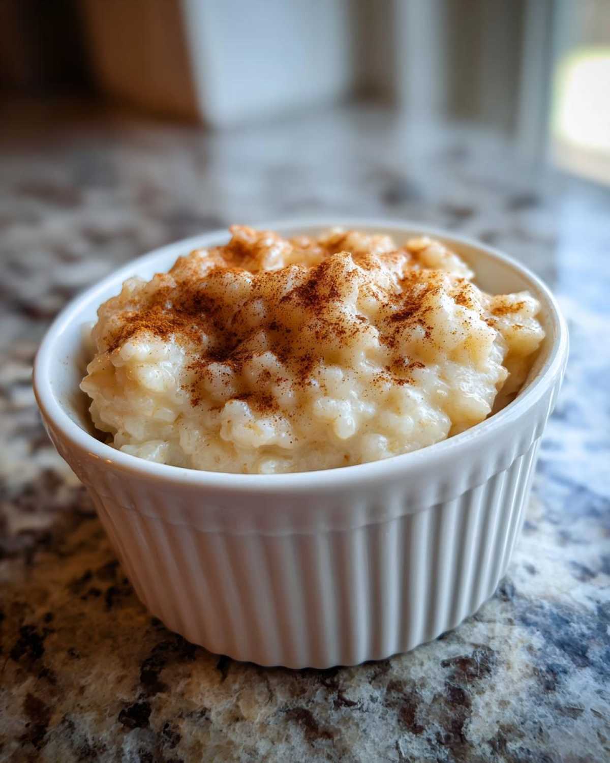 Close-up of creamy rice pudding topped with ground cinnamon served in a small white fluted ramekin.