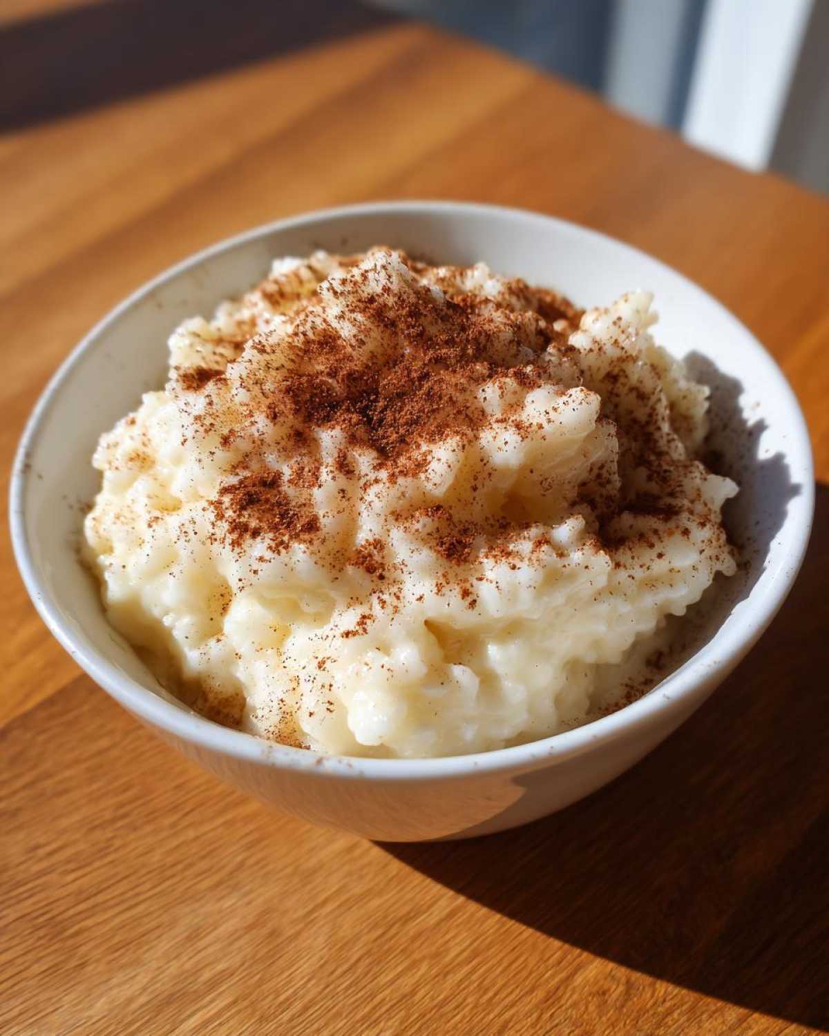 Close-up of a bowl of creamy rice pudding recipe generously topped with ground cinnamon.