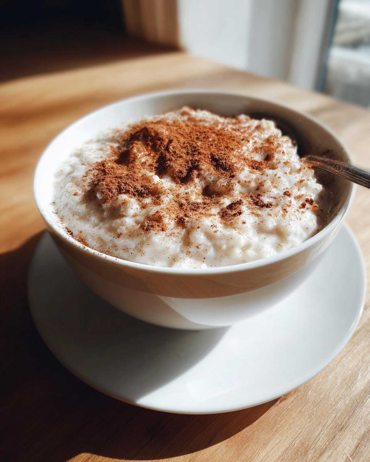 A close-up of a bowl of creamy rice pudding recipe generously dusted with ground cinnamon.