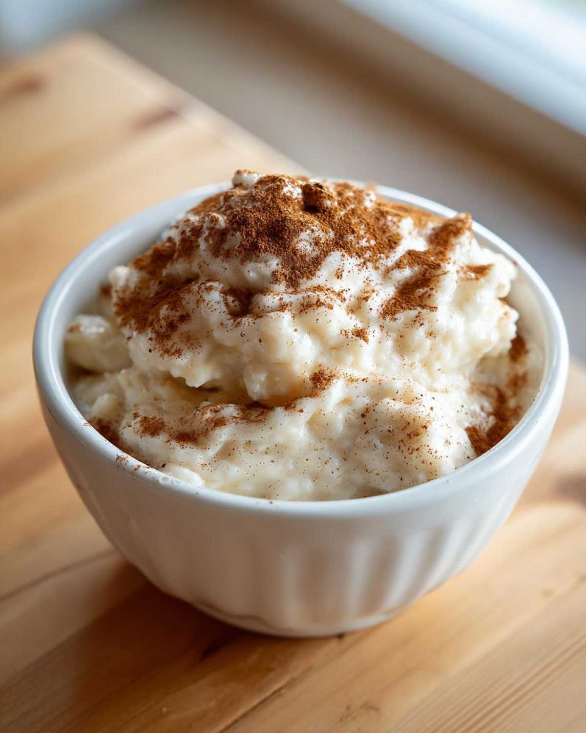 A close-up of a white bowl filled with creamy rice pudding recipe, generously dusted with cinnamon.