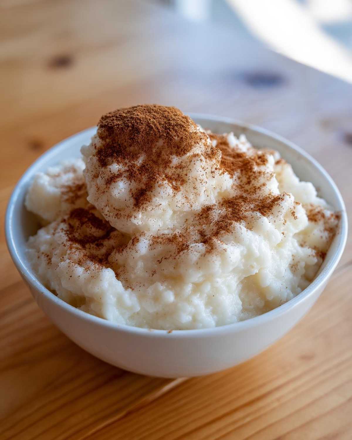 A close-up of creamy rice pudding recipe served in a white bowl, generously dusted with ground cinnamon.