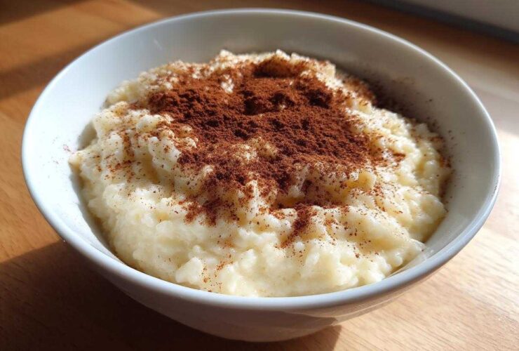 A close-up of a white bowl filled with creamy rice pudding recipe, generously dusted with cinnamon.