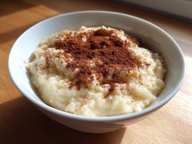 A close-up of a white bowl filled with creamy rice pudding recipe, generously dusted with cinnamon.