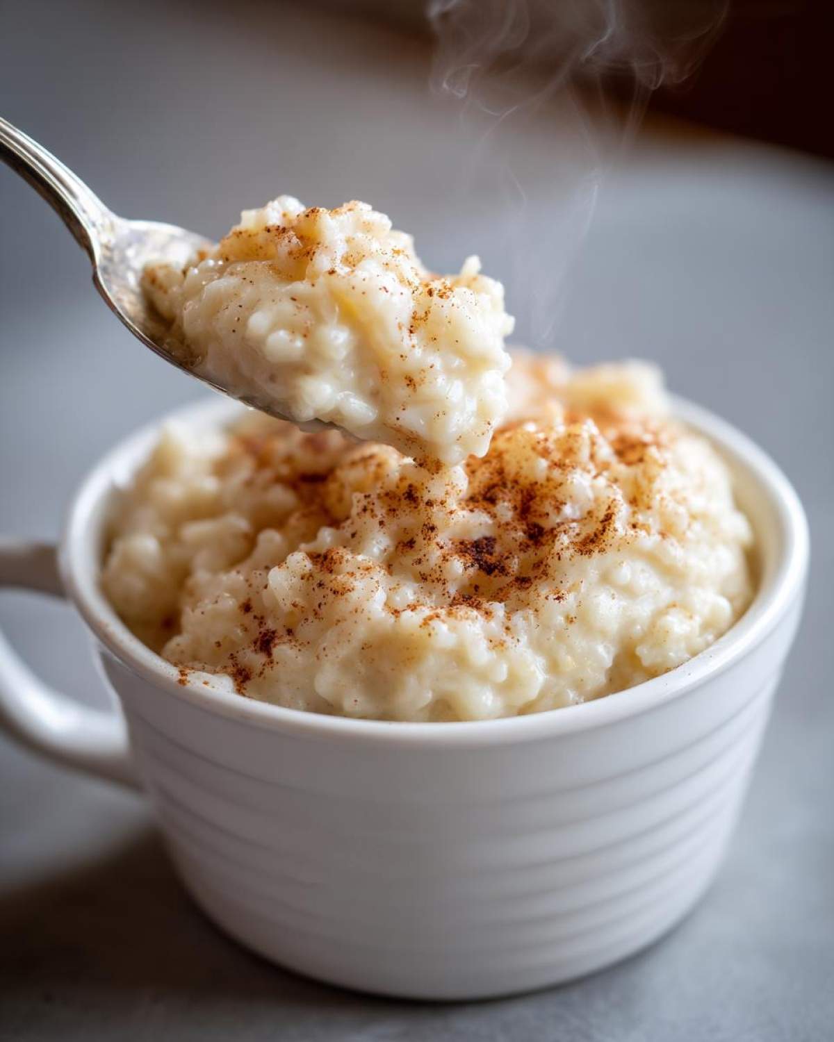 A spoonful of hot, creamy rice pudding topped with cinnamon is lifted from a white mug.
