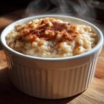 Close-up of hot, creamy rice pudding topped with cinnamon in a white ramekin.