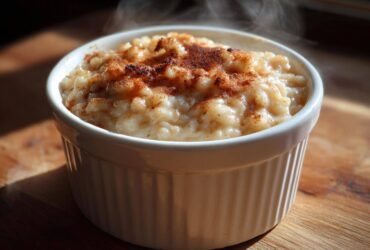 Close-up of hot, creamy rice pudding topped with cinnamon in a white ramekin.