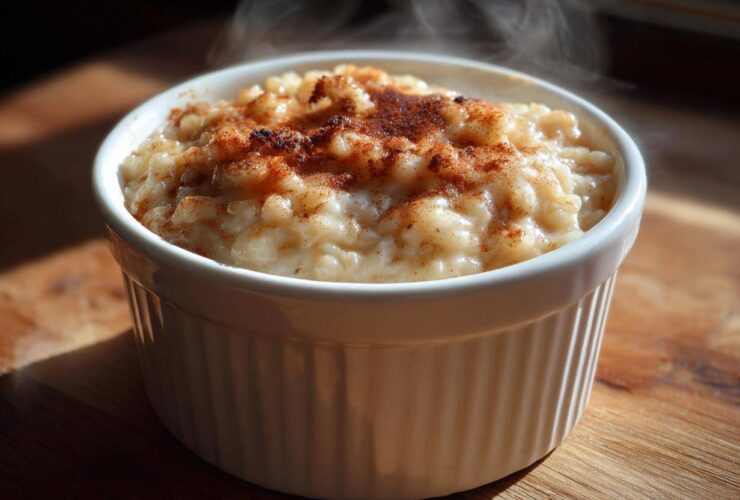 Close-up of hot, creamy rice pudding topped with cinnamon in a white ramekin.
