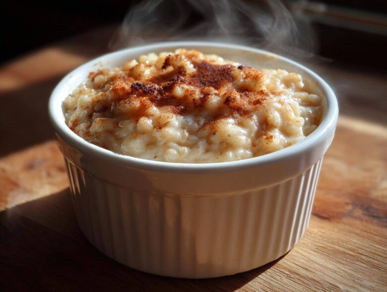 Close-up of hot, creamy rice pudding topped with cinnamon in a white ramekin.