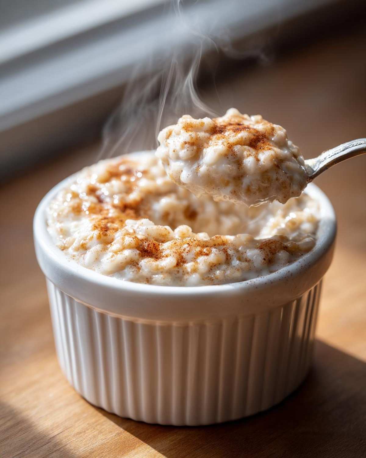 A spoonful of creamy rice pudding topped with cinnamon is lifted from a white ramekin of hot rice pudding.