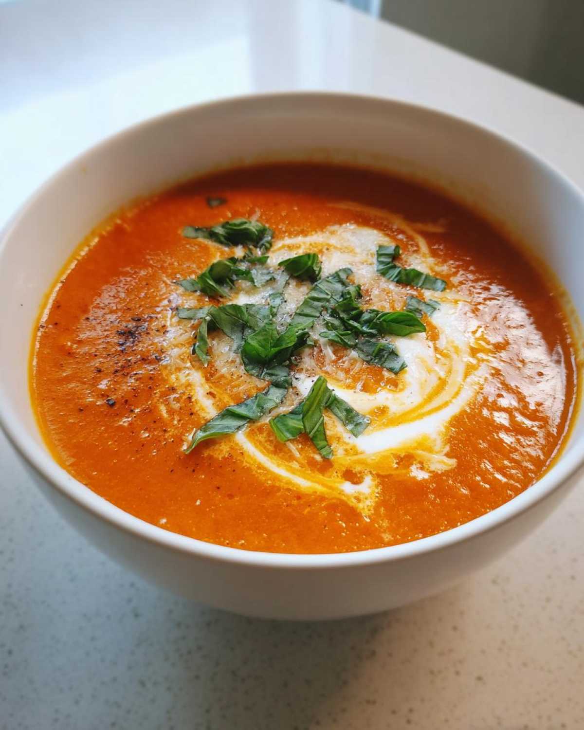 A close-up of a bowl of creamy tomato basil soup, swirled with cream and topped with fresh basil.