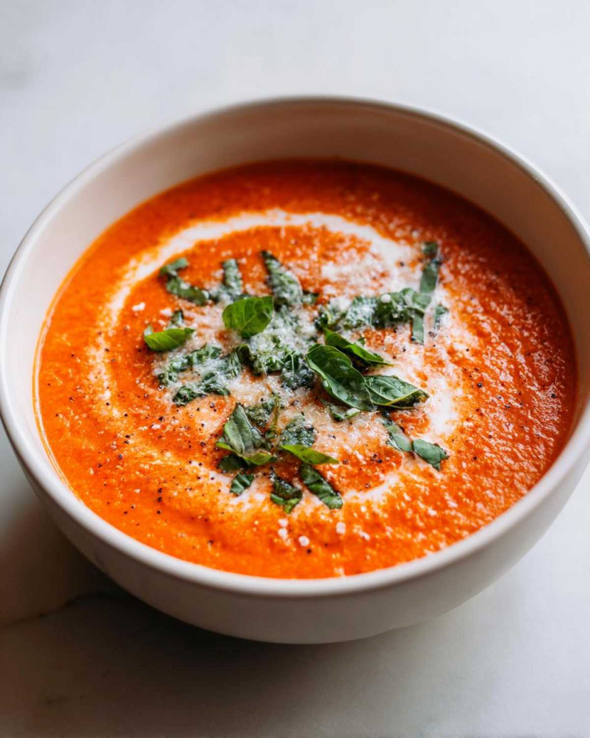 A close-up of a bowl of rich, creamy tomato basil soup topped with fresh basil, Parmesan cheese, and a swirl of cream.