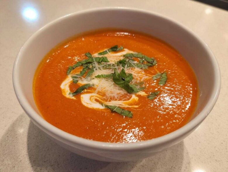 A close-up of a bowl of creamy tomato basil soup, garnished with basil and grated cheese.