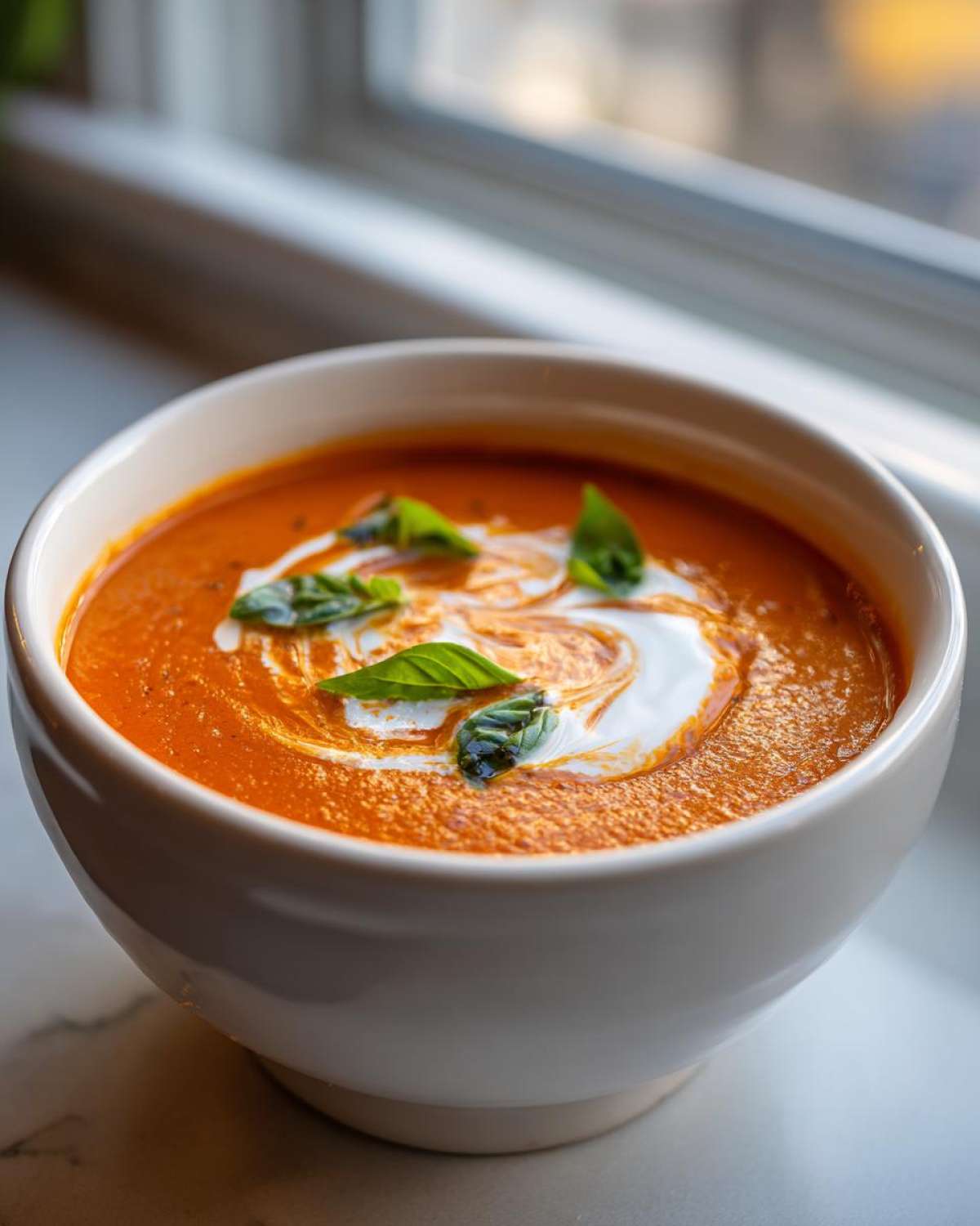 A close-up of a bowl of rich, orange tomato bisque topped with a swirl of cream and fresh basil leaves.
