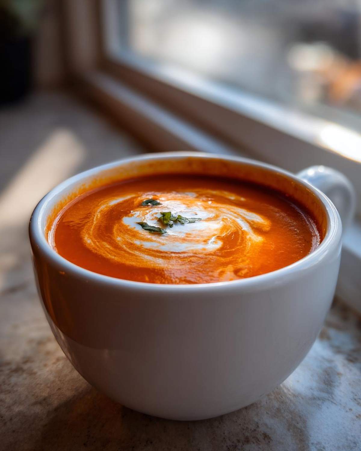 Close-up of a rich, orange tomato bisque in a white mug, swirled with cream and garnished with herbs.