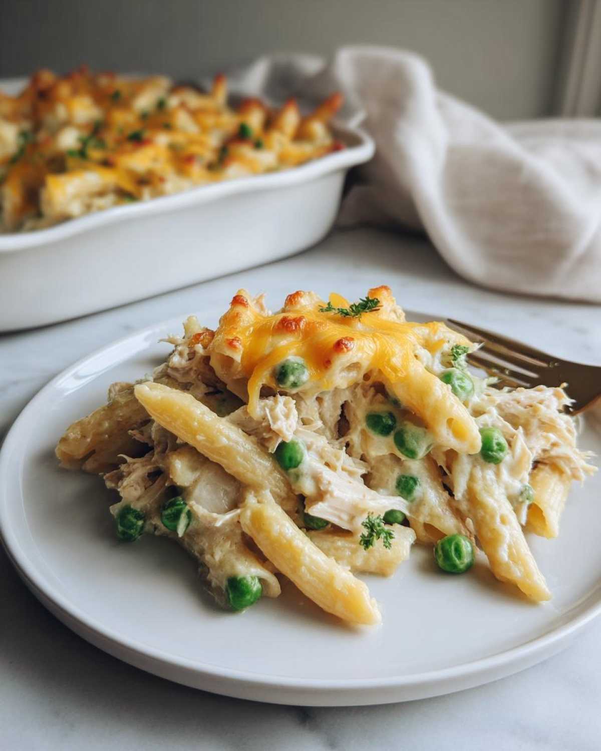 A serving of creamy tuna pasta with peas and melted cheddar cheese on a white plate.