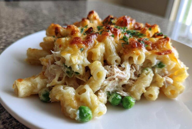 A close-up serving of creamy tuna pasta baked with a golden, bubbly cheese topping and green peas.