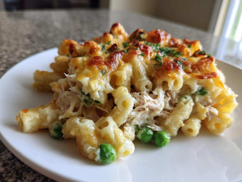 A close-up serving of creamy tuna pasta baked with a golden, bubbly cheese topping and green peas.