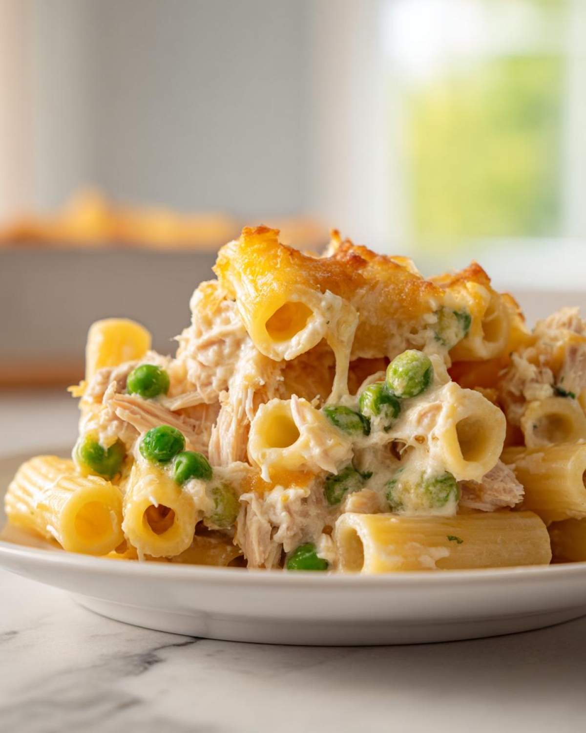 Close-up of a serving of creamy tuna pasta with bright green peas and a golden, melted cheese topping.