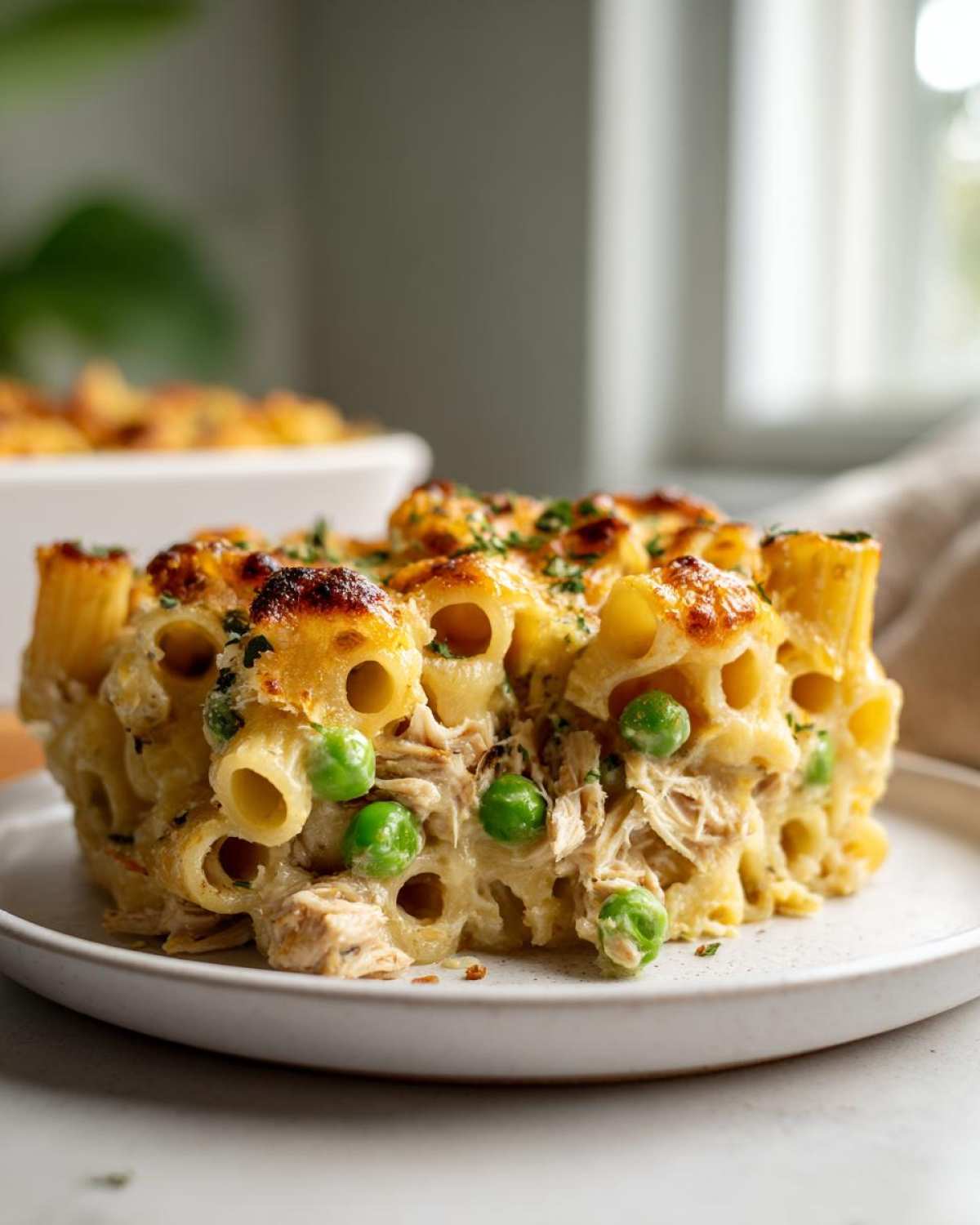 Close-up of a baked slice of creamy tuna pasta featuring rigatoni, shredded tuna, green peas, and a browned cheese topping.