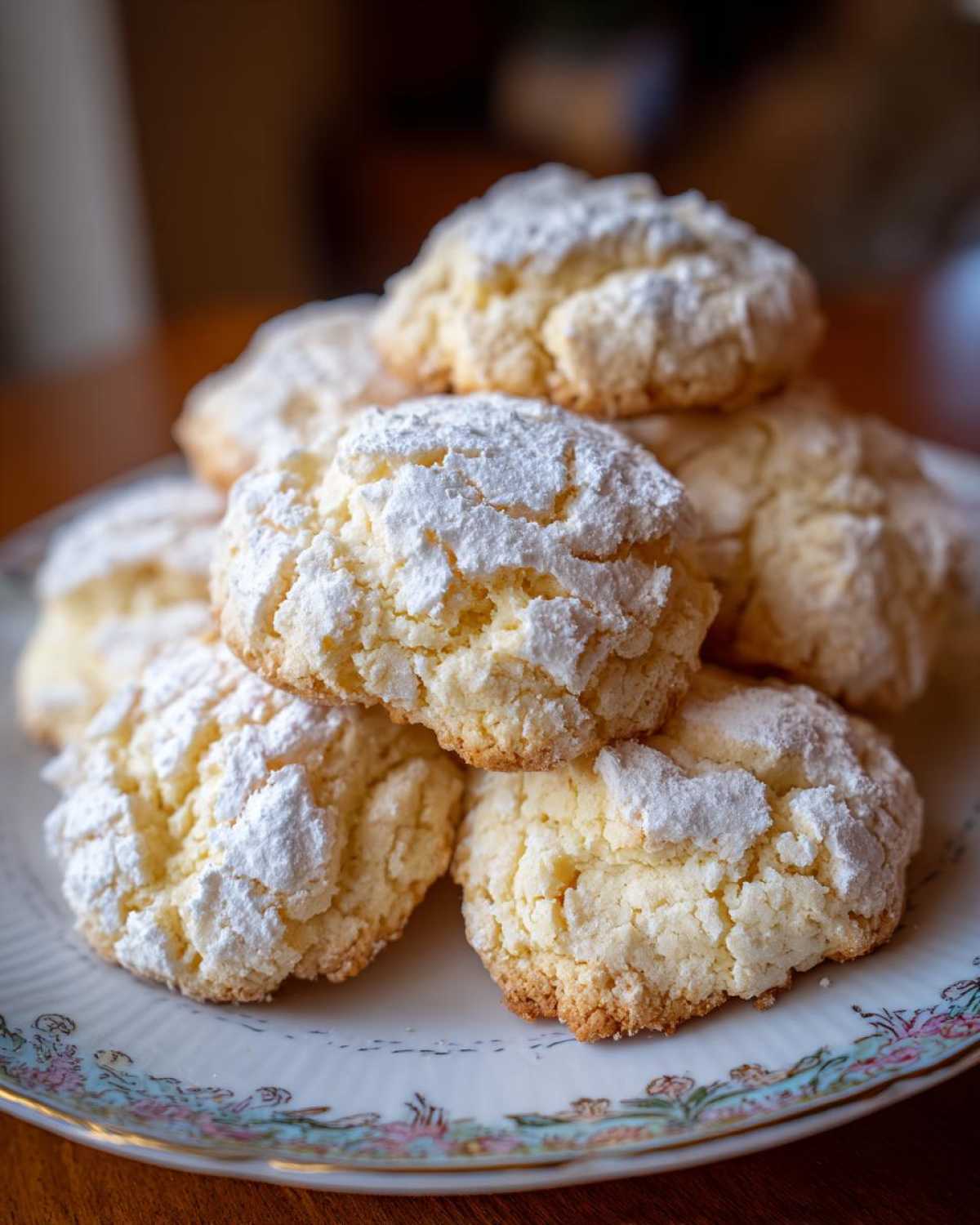 A stack of soft, crinkled Cool Whip cookies generously dusted with white powdered sugar, resting on a decorative plate.