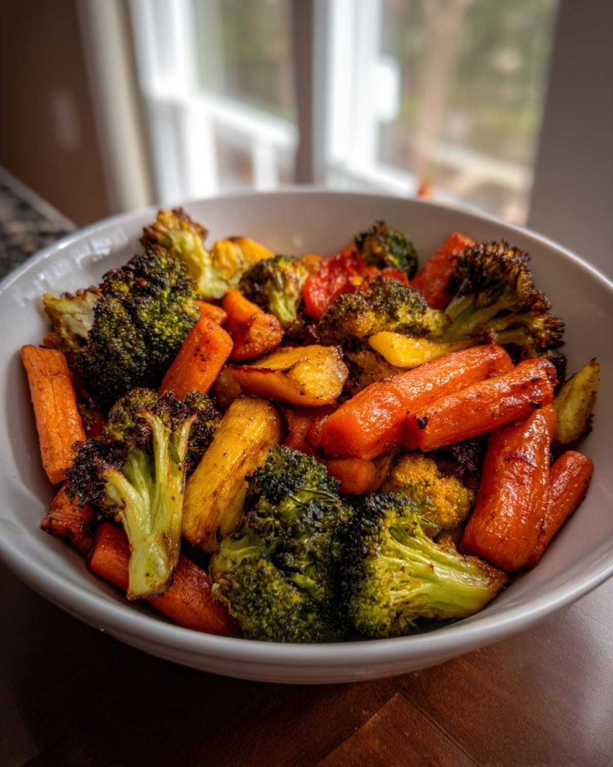 A white bowl filled with perfectly browned and crisp roasted vegetables, including carrots and broccoli florets.