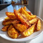 A close-up of a white plate piled high with perfectly seasoned and crispy air fryer potato wedges.